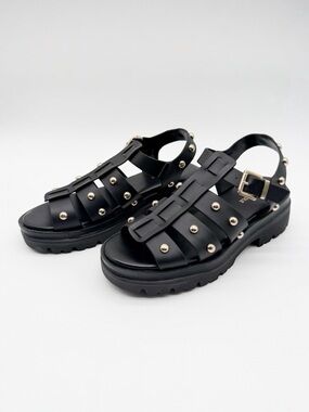 Kenneth Cole Herron Studded Leather Platform Fisherman Sandal Black Gold 9.5 NEW